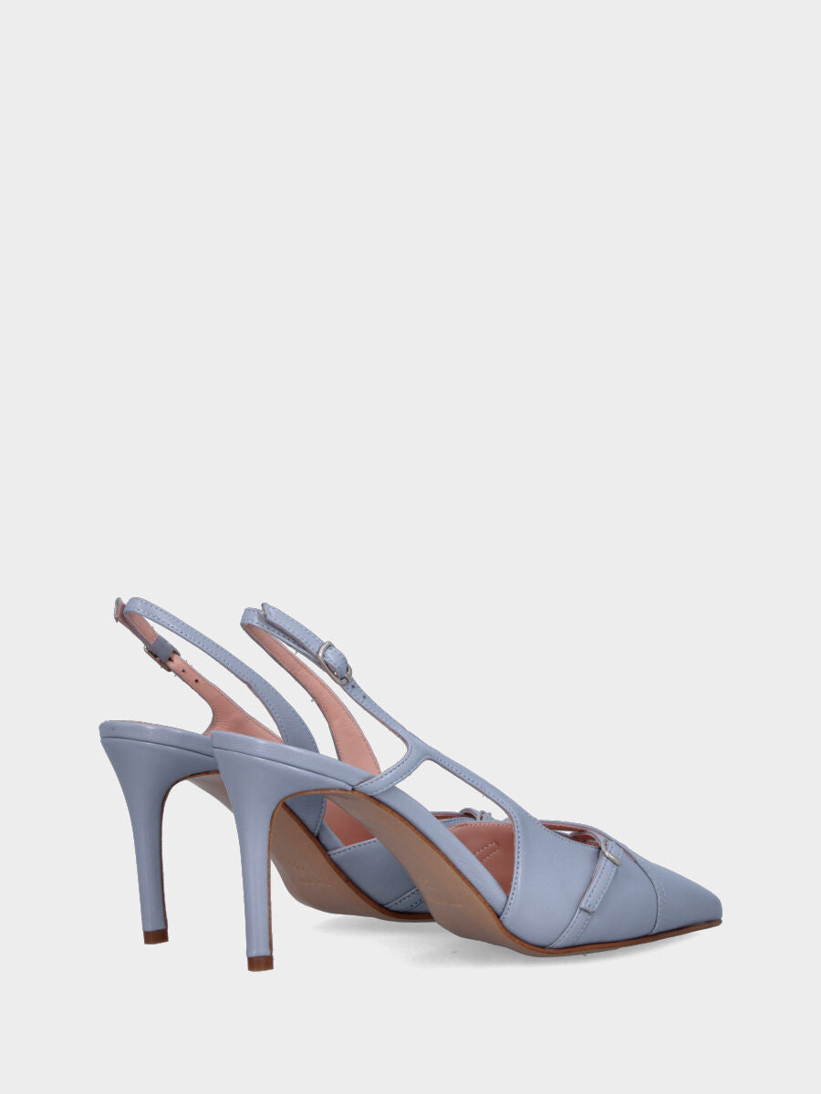 Slingback in verlux celeste con cinturini incrociati e tacco a calice