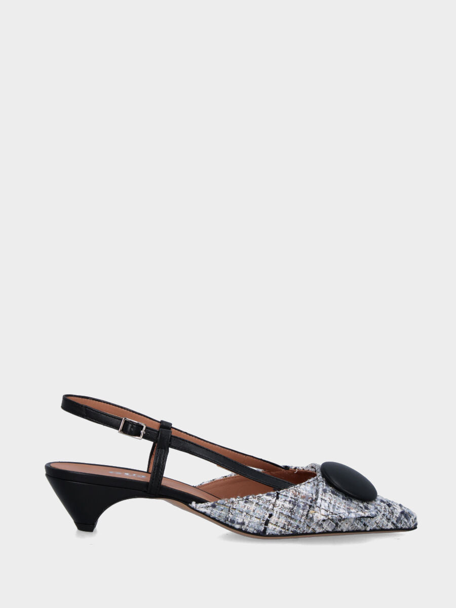 Slingback in tessuto nero e grigio con fibbia e bottone in pianta