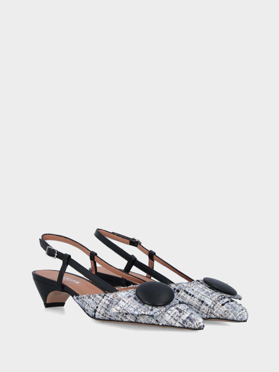 Slingback in tessuto nero e grigio con fibbia e bottone in pianta
