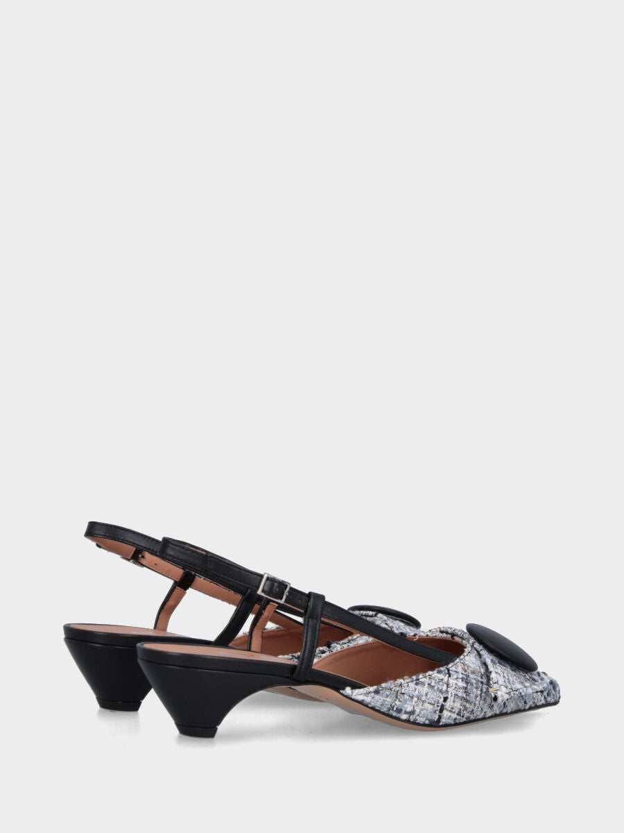 Slingback in tessuto nero e grigio con fibbia e bottone in pianta