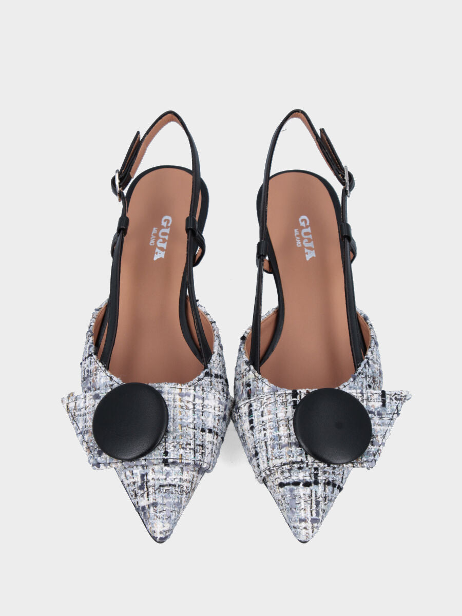 Slingback in tessuto nero e grigio con fibbia e bottone in pianta