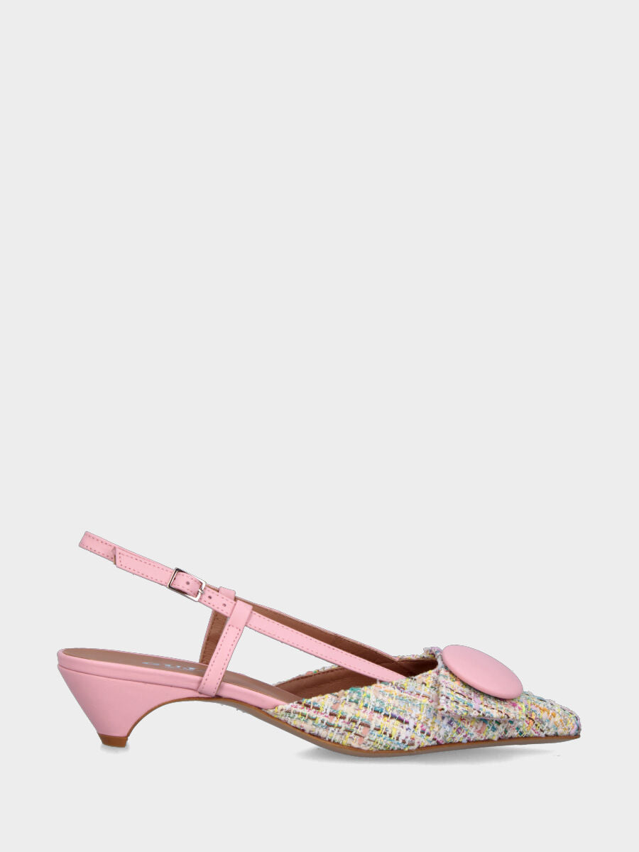 Slingback in tessuto multicolor e rosa con fibbia e bottone in pianta