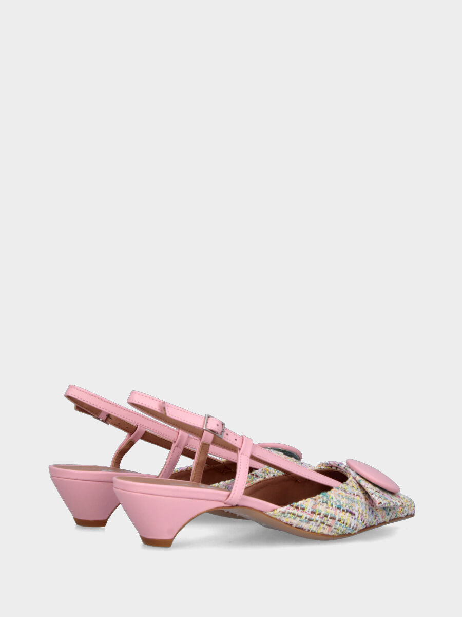 Slingback in tessuto multicolor e rosa con fibbia e bottone in pianta