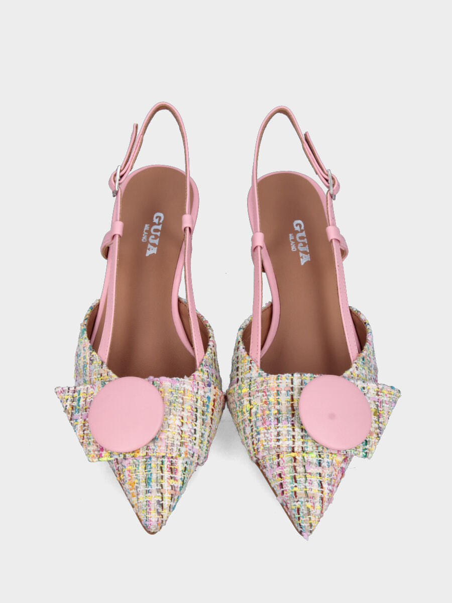 Slingback in tessuto multicolor e rosa con fibbia e bottone in pianta