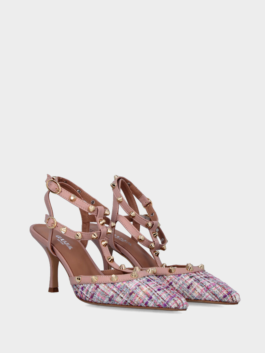 Slingback multicolor nei toni del rosa con borchie e tacco a calice