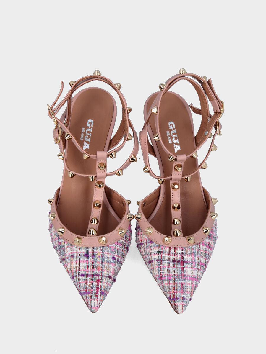 Slingback multicolor nei toni del rosa con borchie e tacco a calice