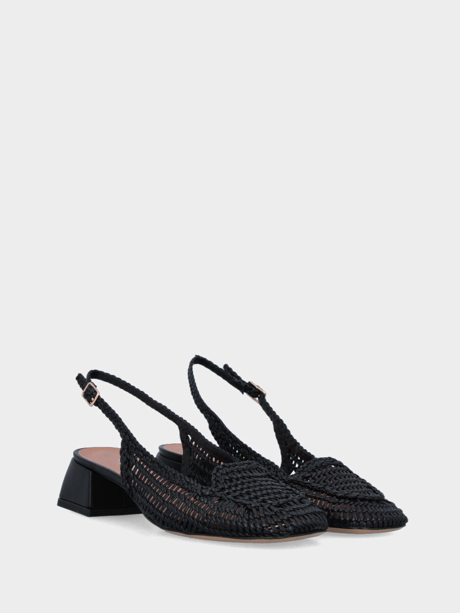 Slingback mocassino in vitello nero con tomaia intrecciata