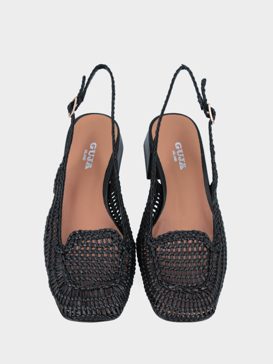 Slingback mocassino in vitello nero con tomaia intrecciata