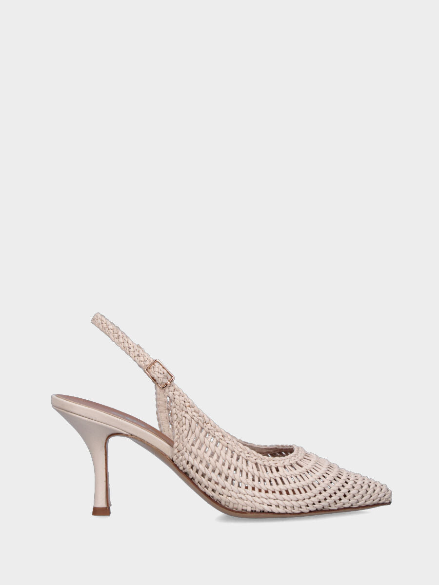 Slingback in nappa bianca avorio con tomaia a rete intrecciata e tacco a calice