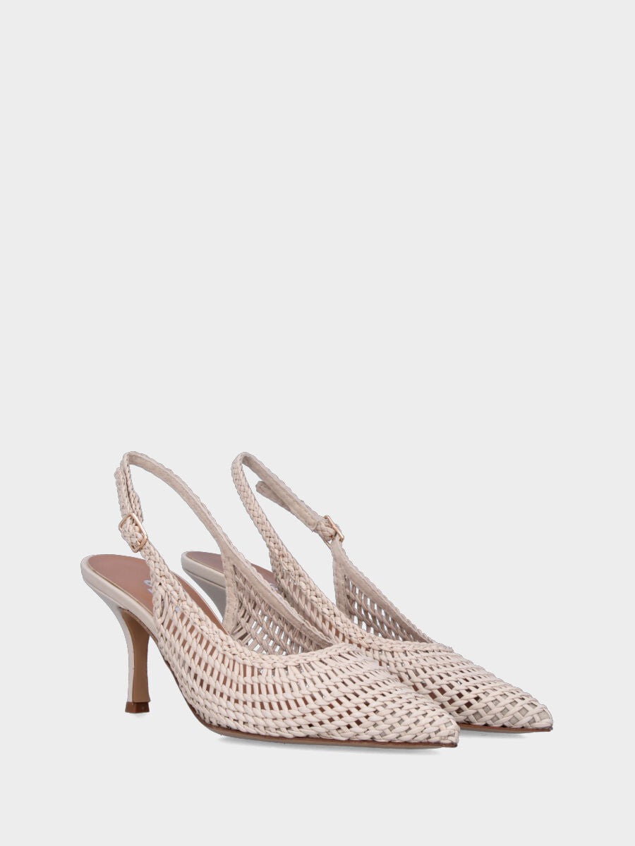 Slingback in nappa bianca avorio con tomaia a rete intrecciata e tacco a calice