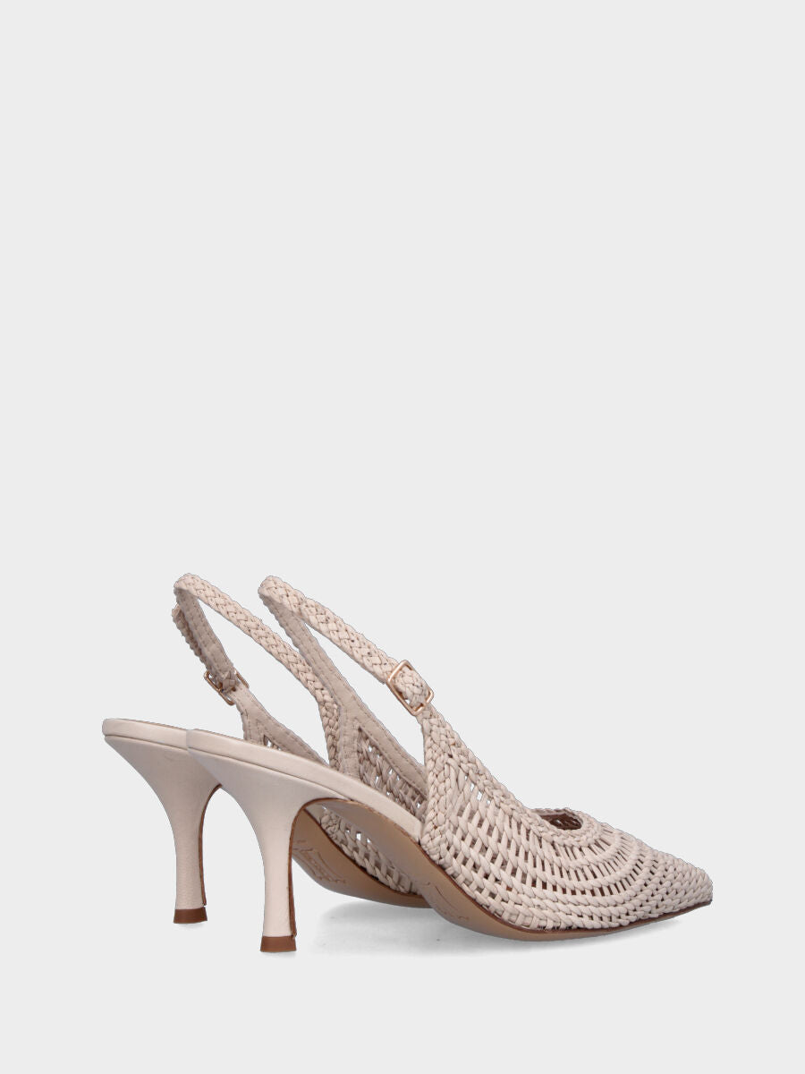 Slingback in nappa bianca avorio con tomaia a rete intrecciata e tacco a calice