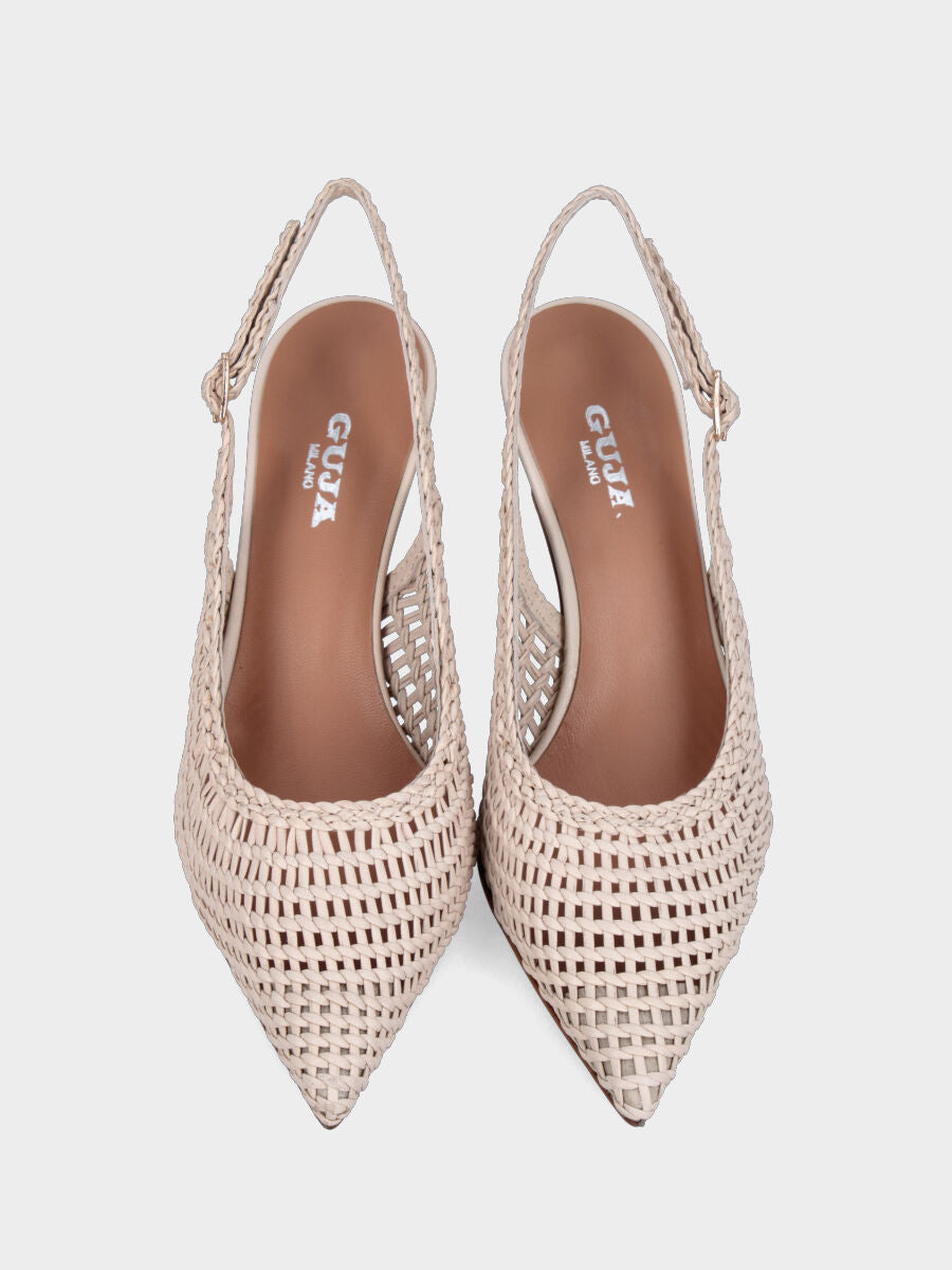 Slingback in nappa bianca avorio con tomaia a rete intrecciata e tacco a calice