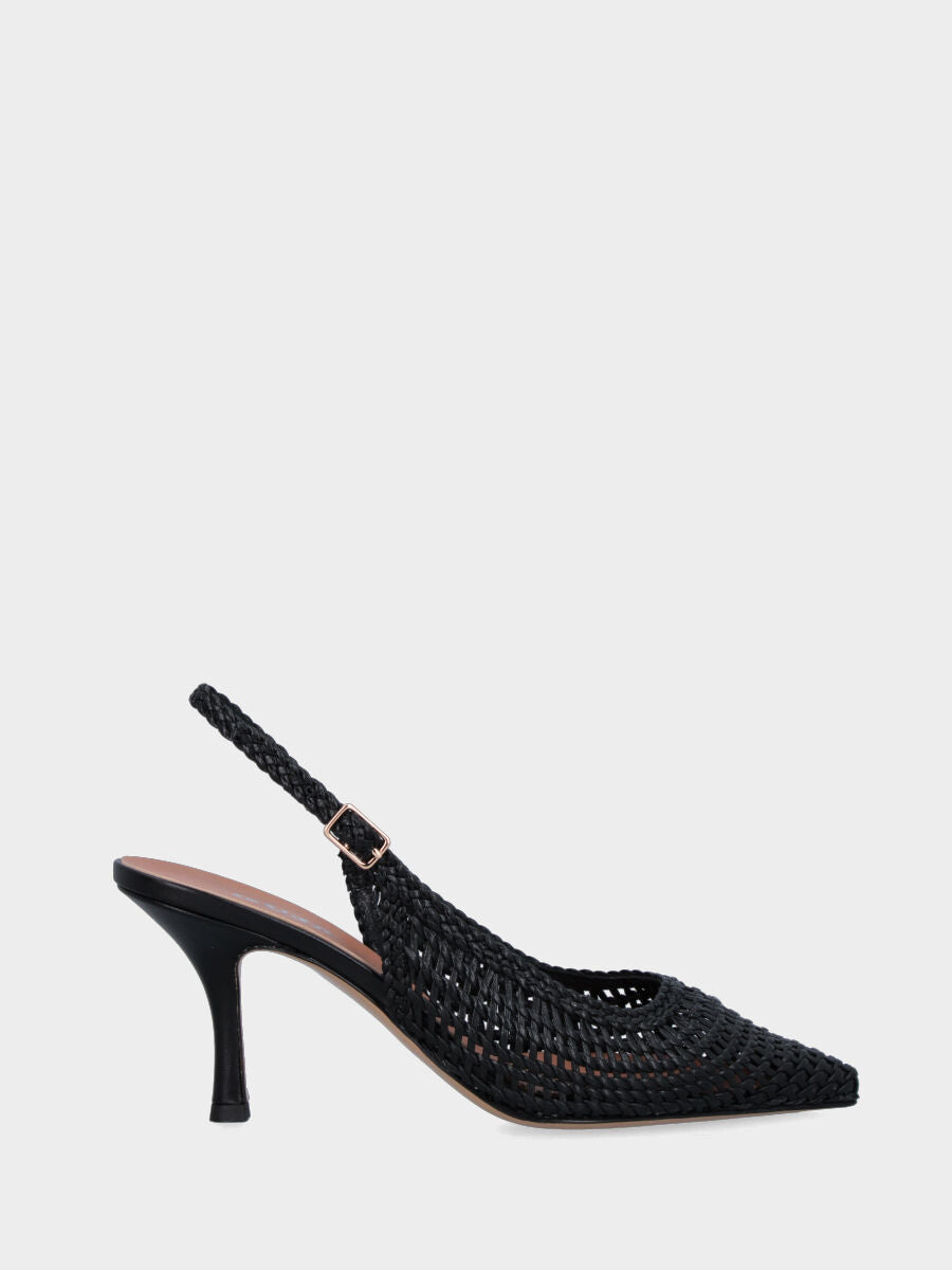 Slingback in nappa nera con tomaia a rete intrecciata e tacco a calice