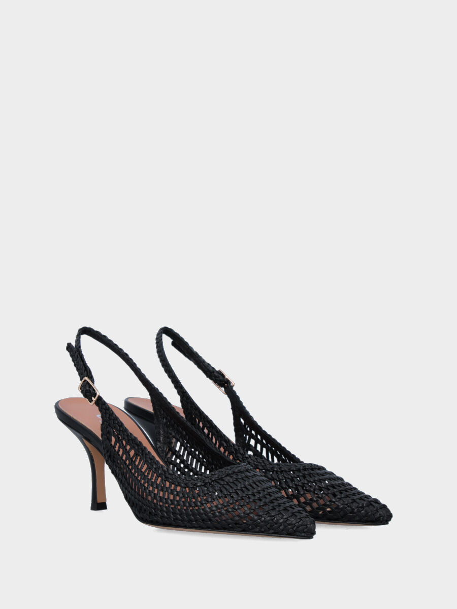 Slingback in nappa nera con tomaia a rete intrecciata e tacco a calice