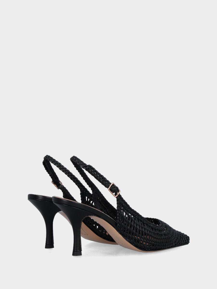 Slingback in nappa nera con tomaia a rete intrecciata e tacco a calice