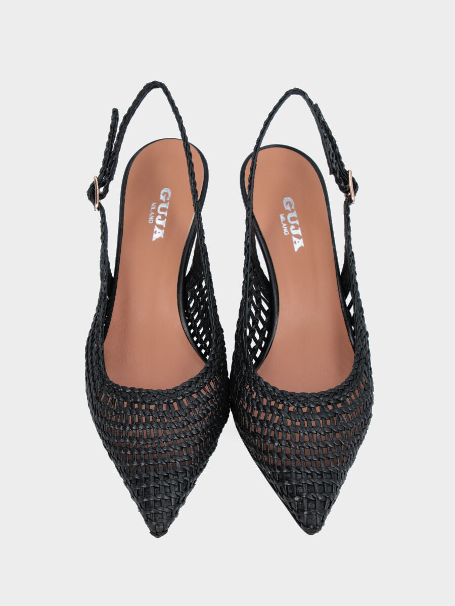 Slingback in nappa nera con tomaia a rete intrecciata e tacco a calice
