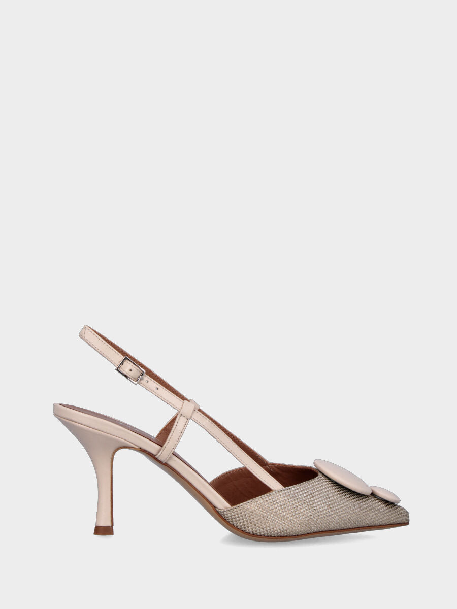Slingback in rafia beige con tacco a calice e bottoni in pianta