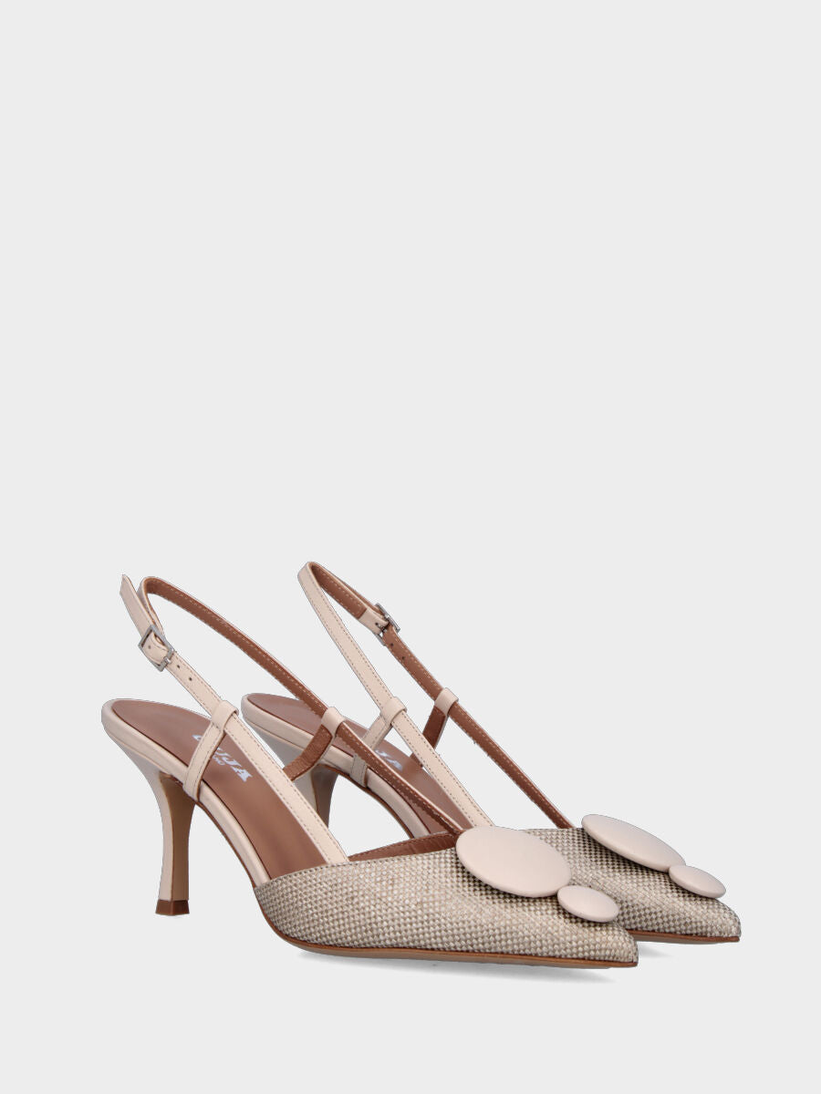 Slingback in rafia beige con tacco a calice e bottoni in pianta