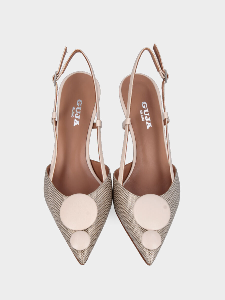 Slingback in rafia beige con tacco a calice e bottoni in pianta