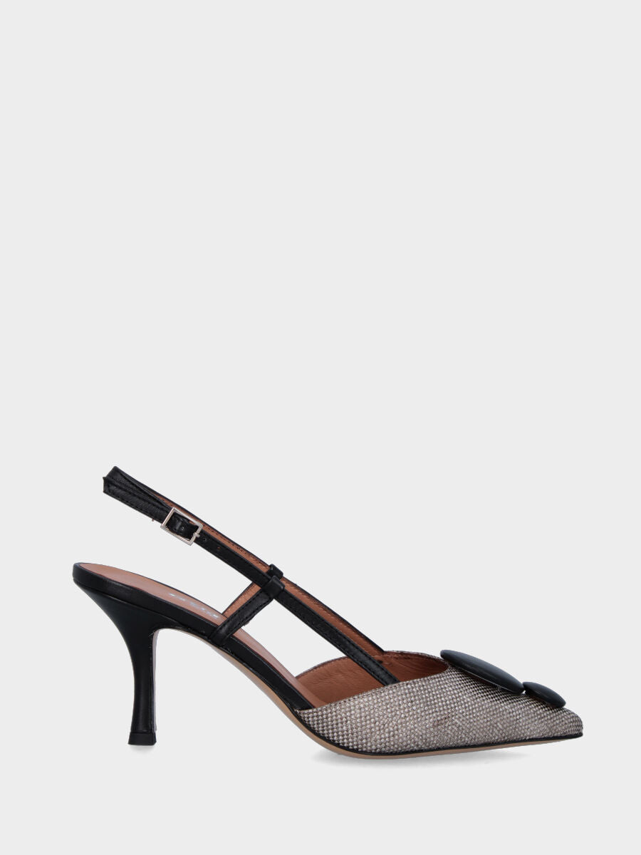 Slingback in rafia grigia e nera con tacco a calice e bottoni in pianta