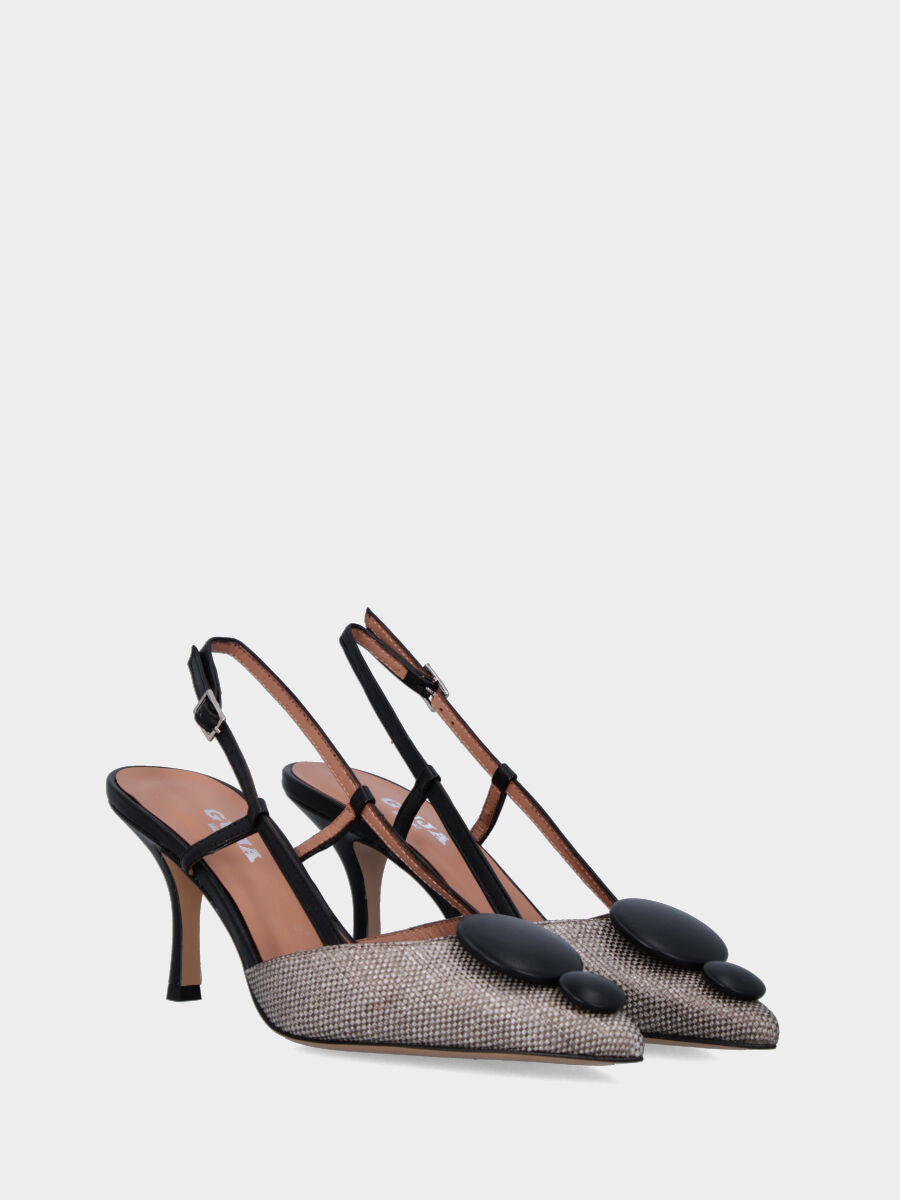 Slingback in rafia grigia e nera con tacco a calice e bottoni in pianta