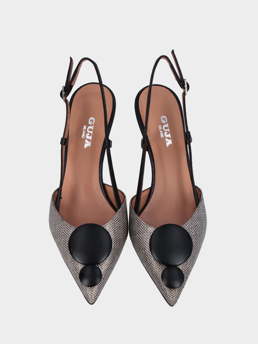 Slingback in rafia grigia e nera con tacco a calice e bottoni in pianta