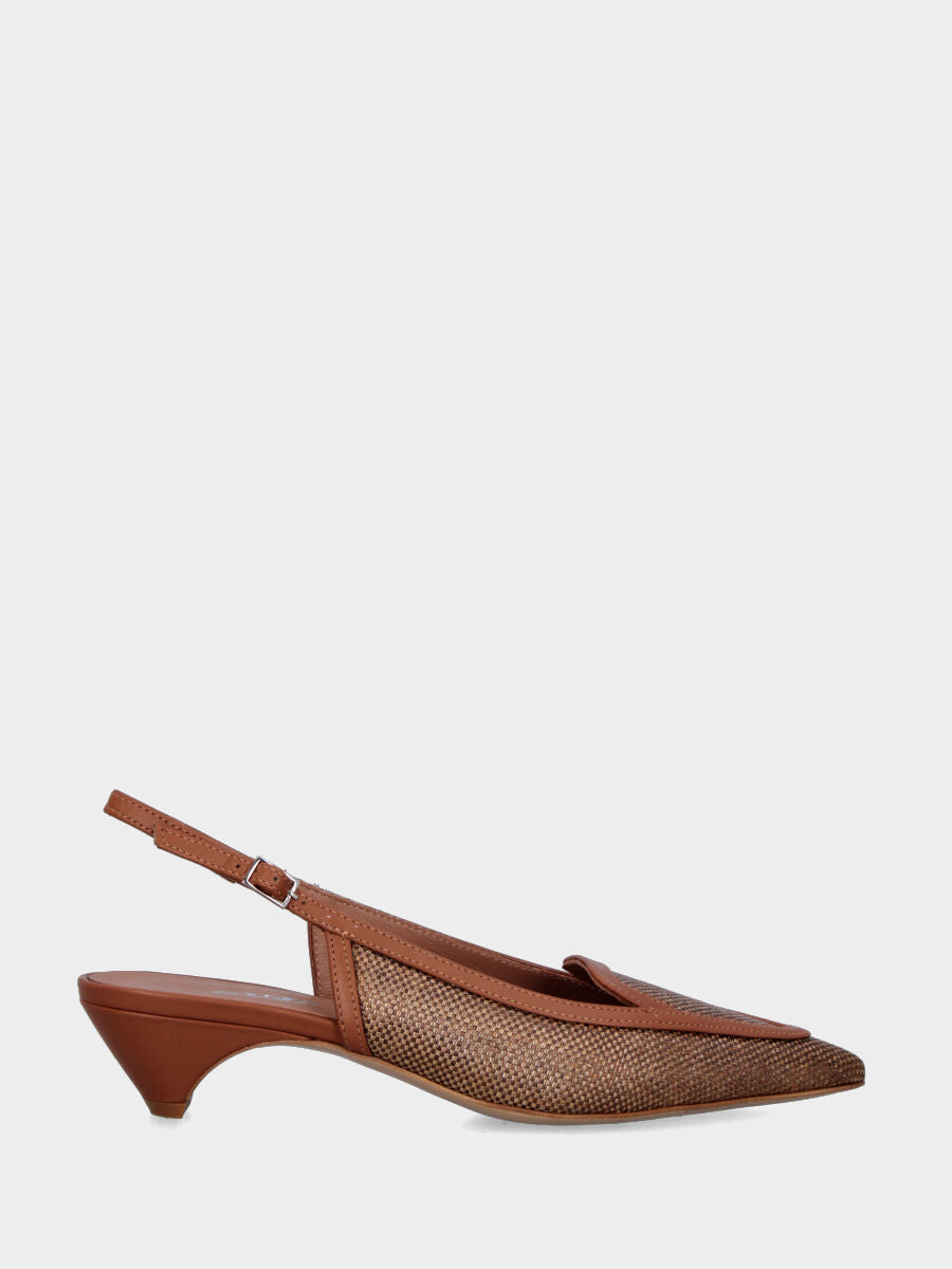 Slingback mocassino in rafia color cuoio con tacco semi zeppa