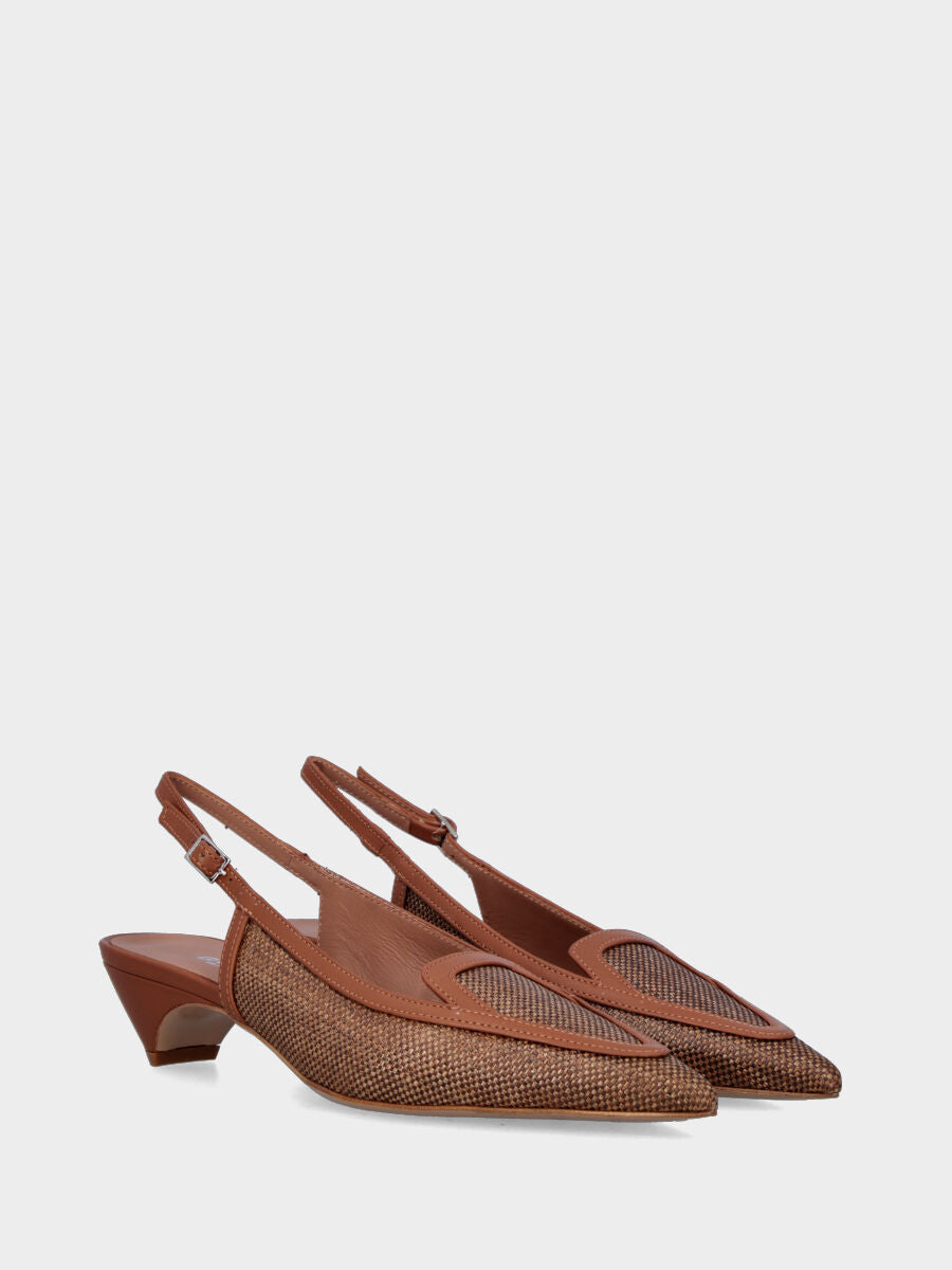 Slingback mocassino in rafia color cuoio con tacco semi zeppa