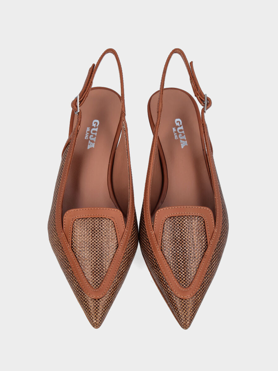 Slingback mocassino in rafia color cuoio con tacco semi zeppa