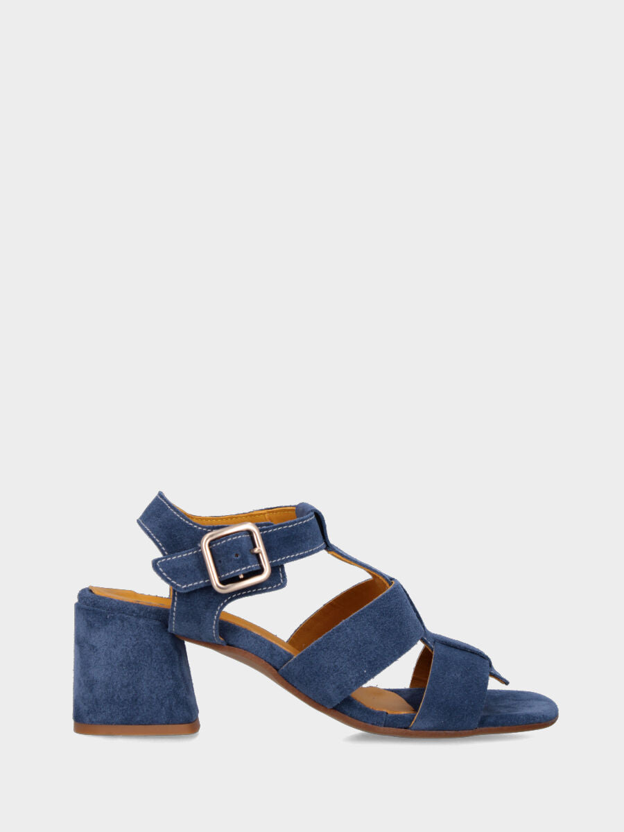 Sandalo in camoscio blu navy con fasce larghe e tacco a blocco