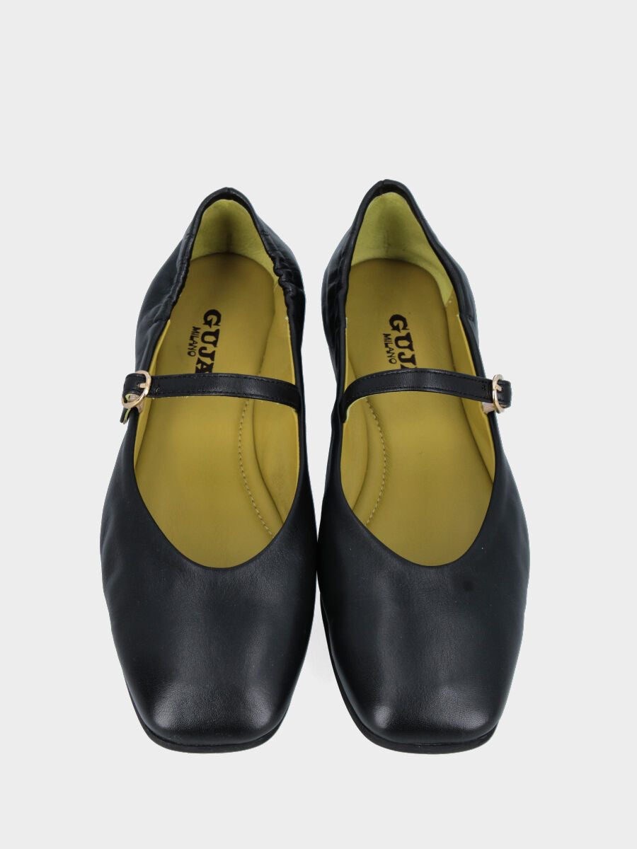 Ballerina Mary Jane in nappa nera con cucitura a sacchetto