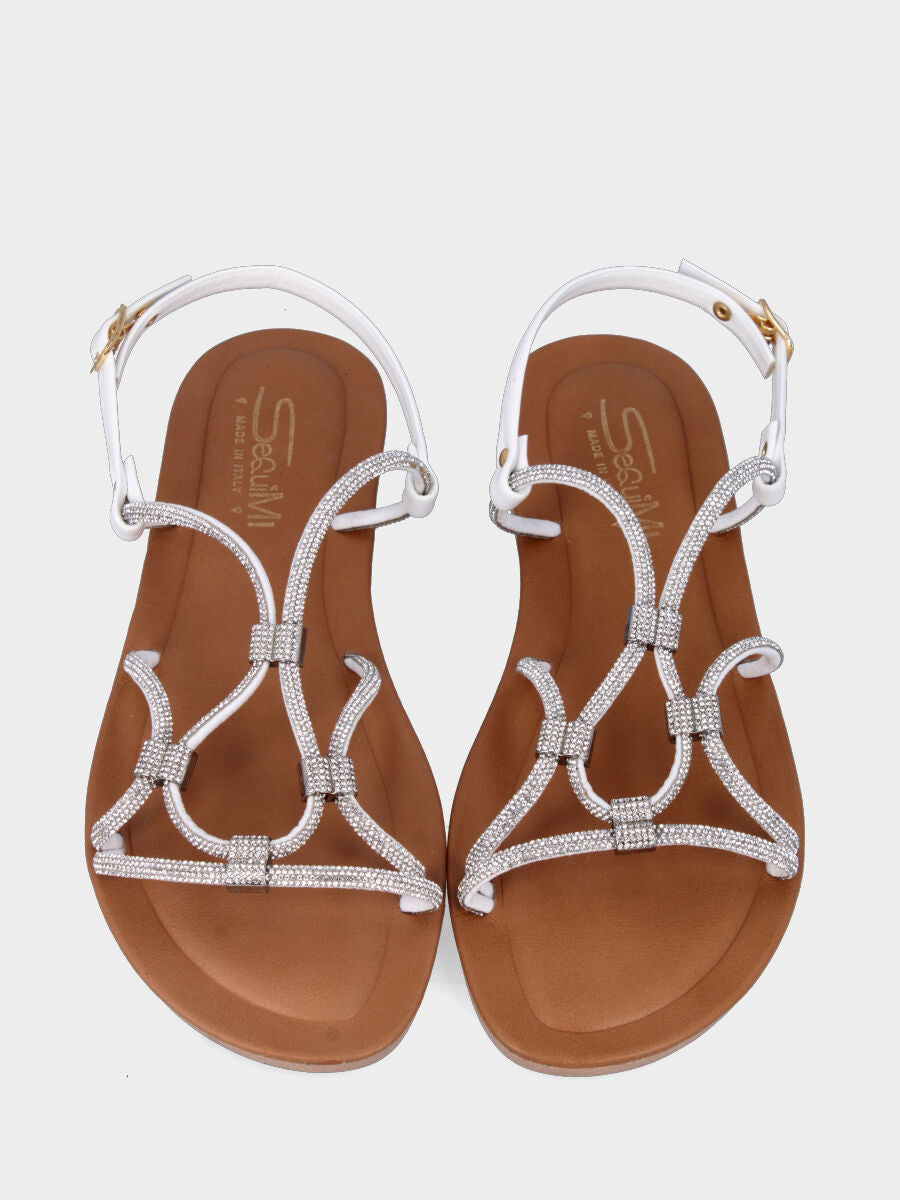 Sandalo in vitello bianco con strass e cinturino al tallone