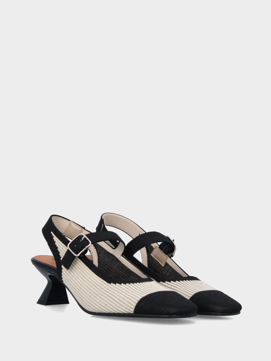 Slingback in tessuto bicolore elasticizzato beige e nero e cinturino