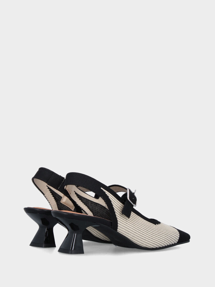Slingback in tessuto bicolore elasticizzato beige e nero e cinturino