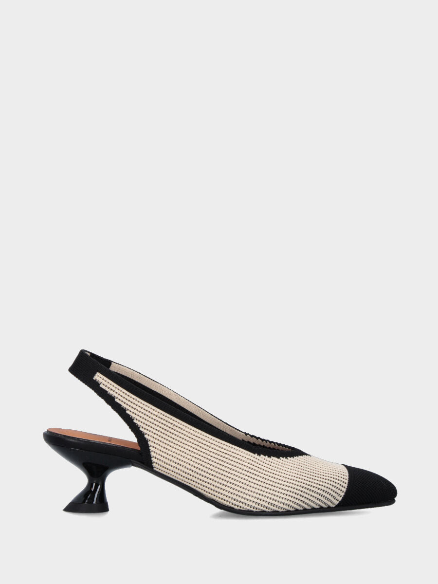 Slingback bicolore in tessuto elasticizzato crema e nero