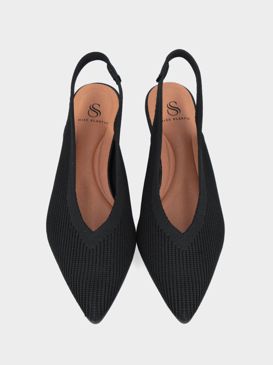 Slingback in tessuto elasticizzato nero con tacco a calice e scollo a V
