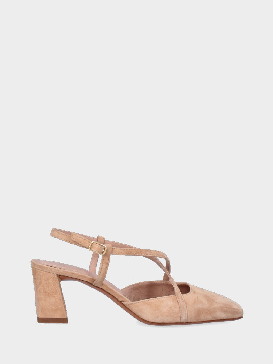 Slingback in camoscio beige con cinturini incrociati e tacco a blocco