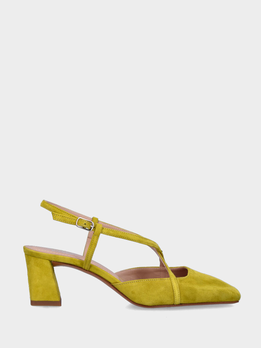 Slingback in camoscio color lime con cinturini incrociati e tacco a blocco