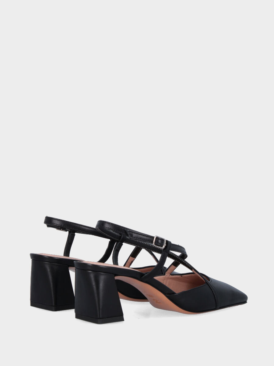 Slingback in nappa nera con cinturini incrociati e tacco a blocco