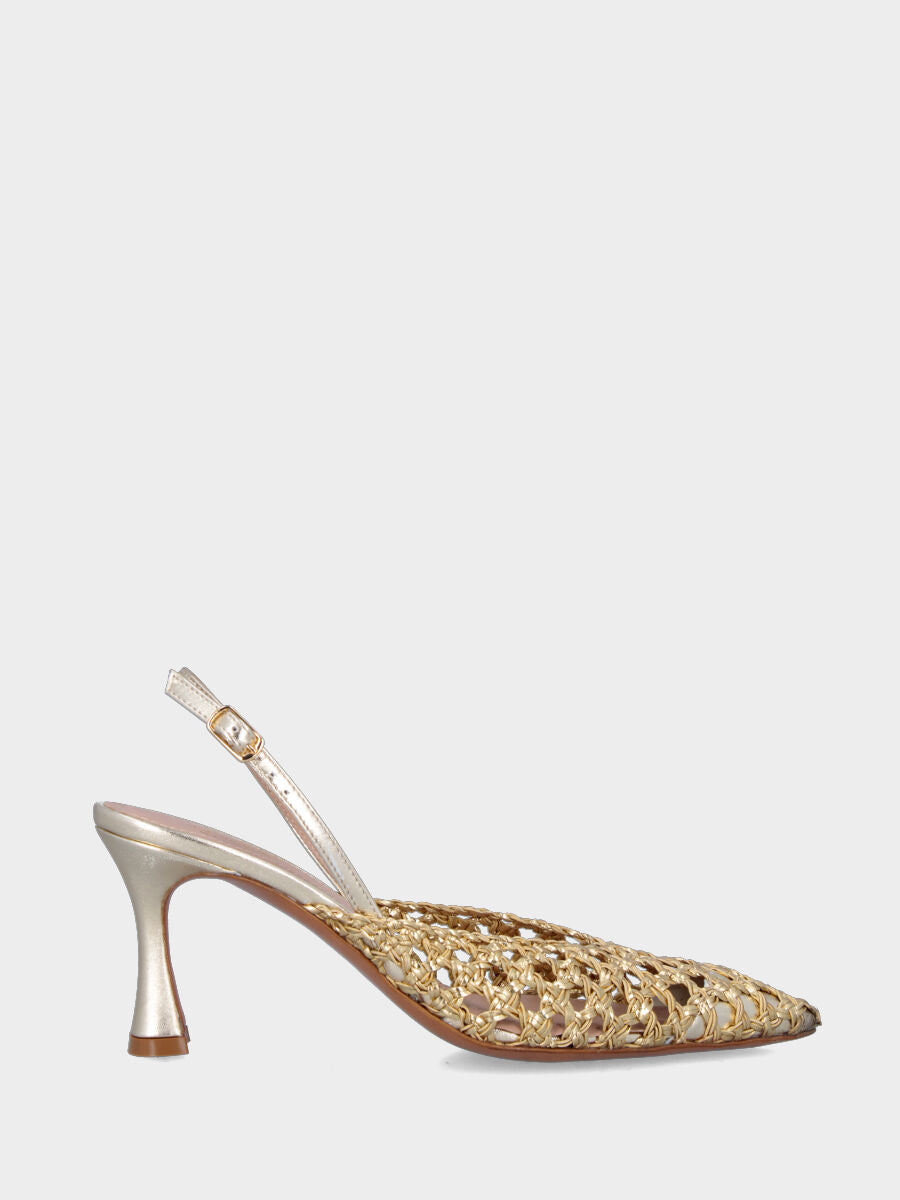 Slingback in rafia platino con intreccio traforato e tacco a calice