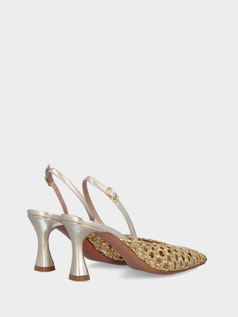 Slingback in rafia platino con intreccio traforato e tacco a calice