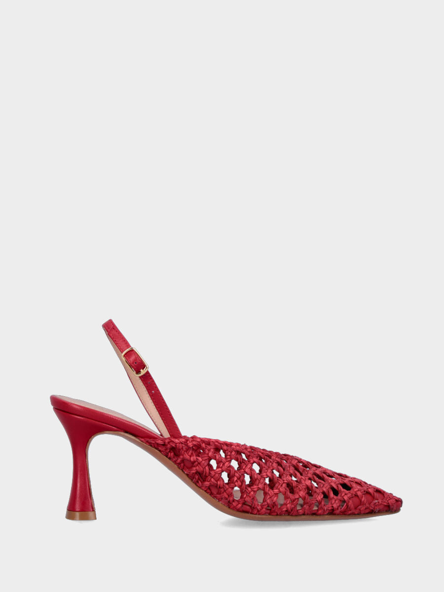 Slingback in rafia rossa con intreccio traforato e tacco a calice