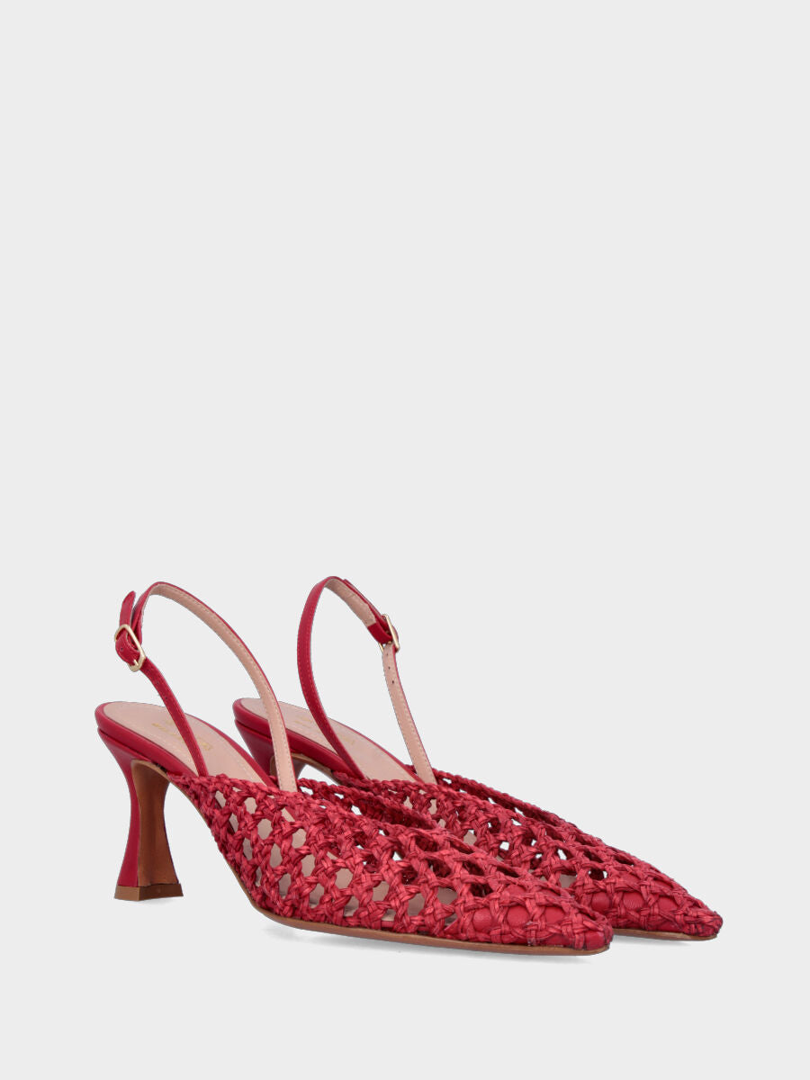 Slingback in rafia rossa con intreccio traforato e tacco a calice
