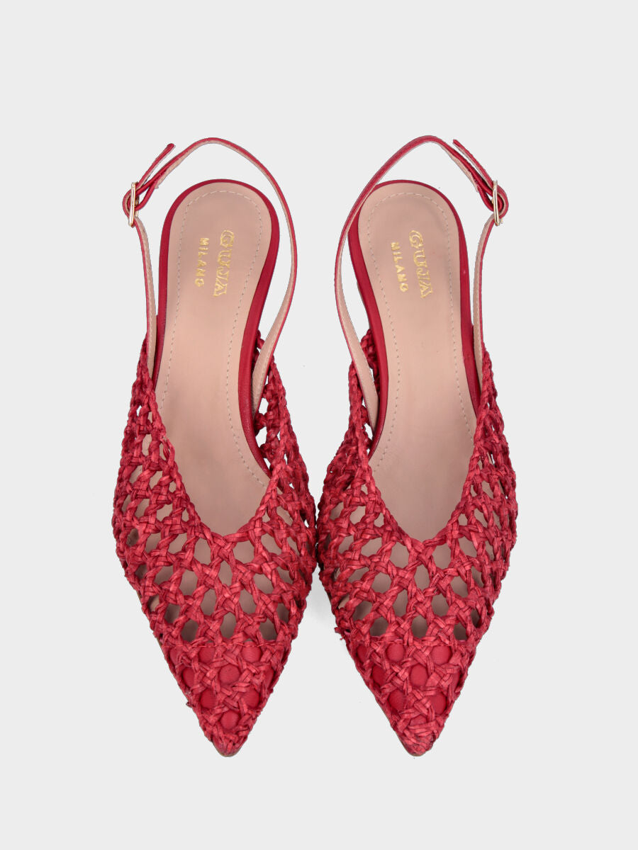 Slingback in rafia rossa con intreccio traforato e tacco a calice