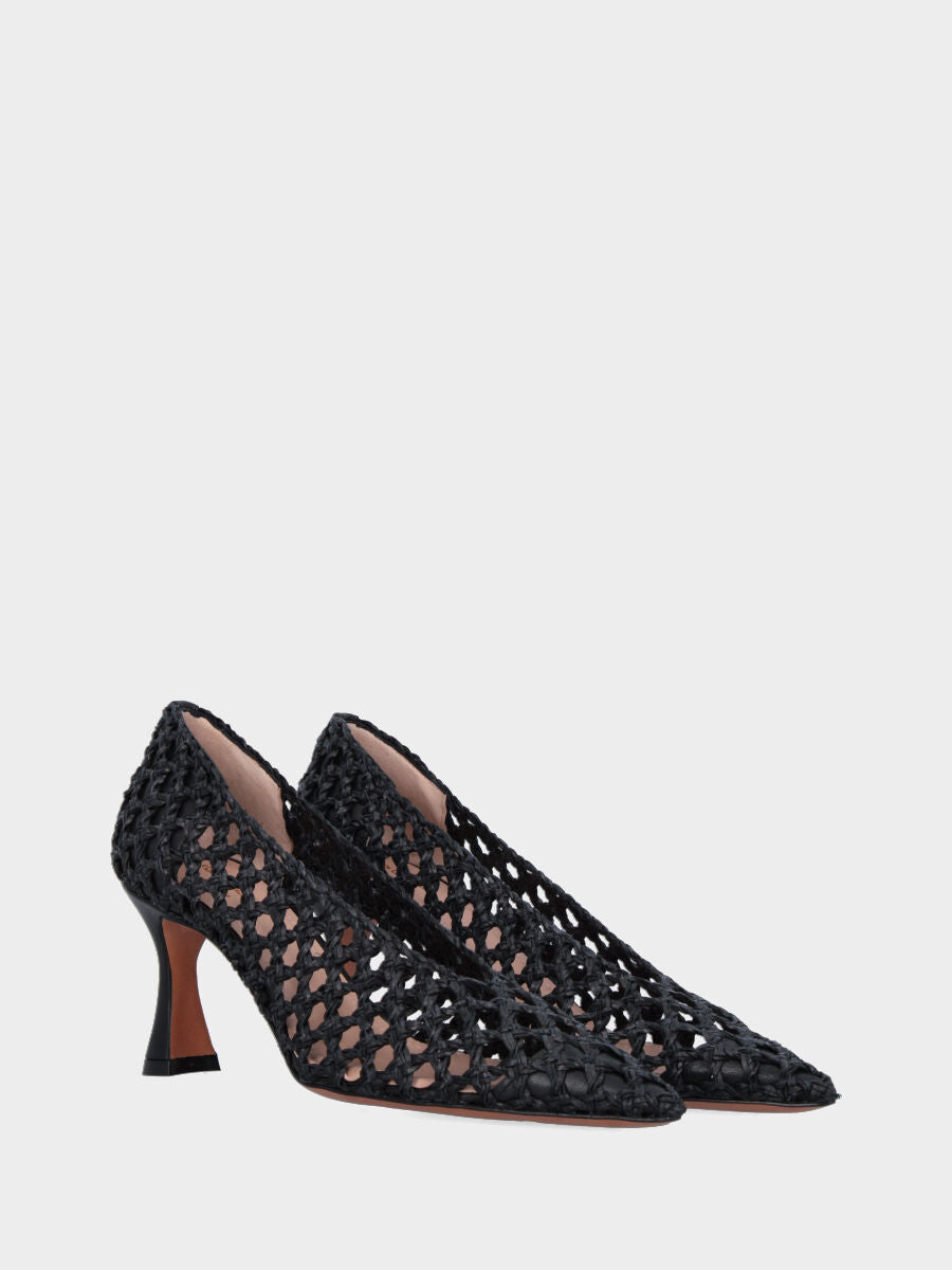 Décolleté in rafia nera con intreccio traforato e tacco a calice