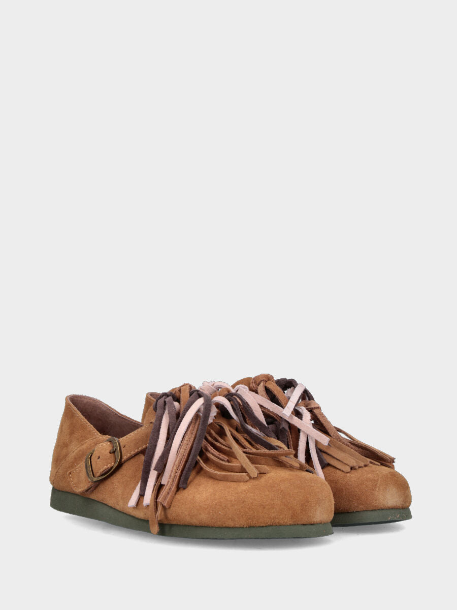 Camel split leather slipper with footbed and multicolor straps
