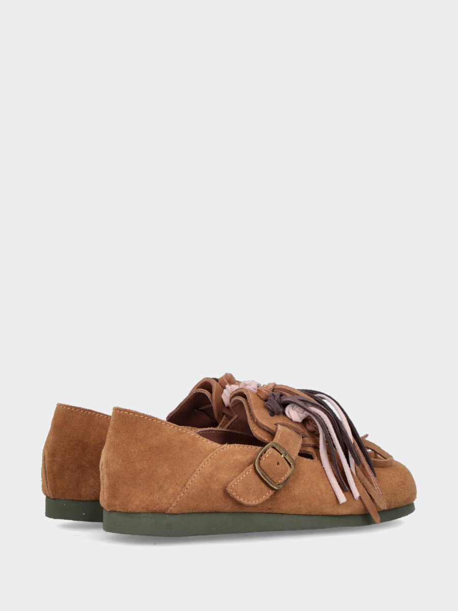 Camel split leather slipper with footbed and multicolor straps
