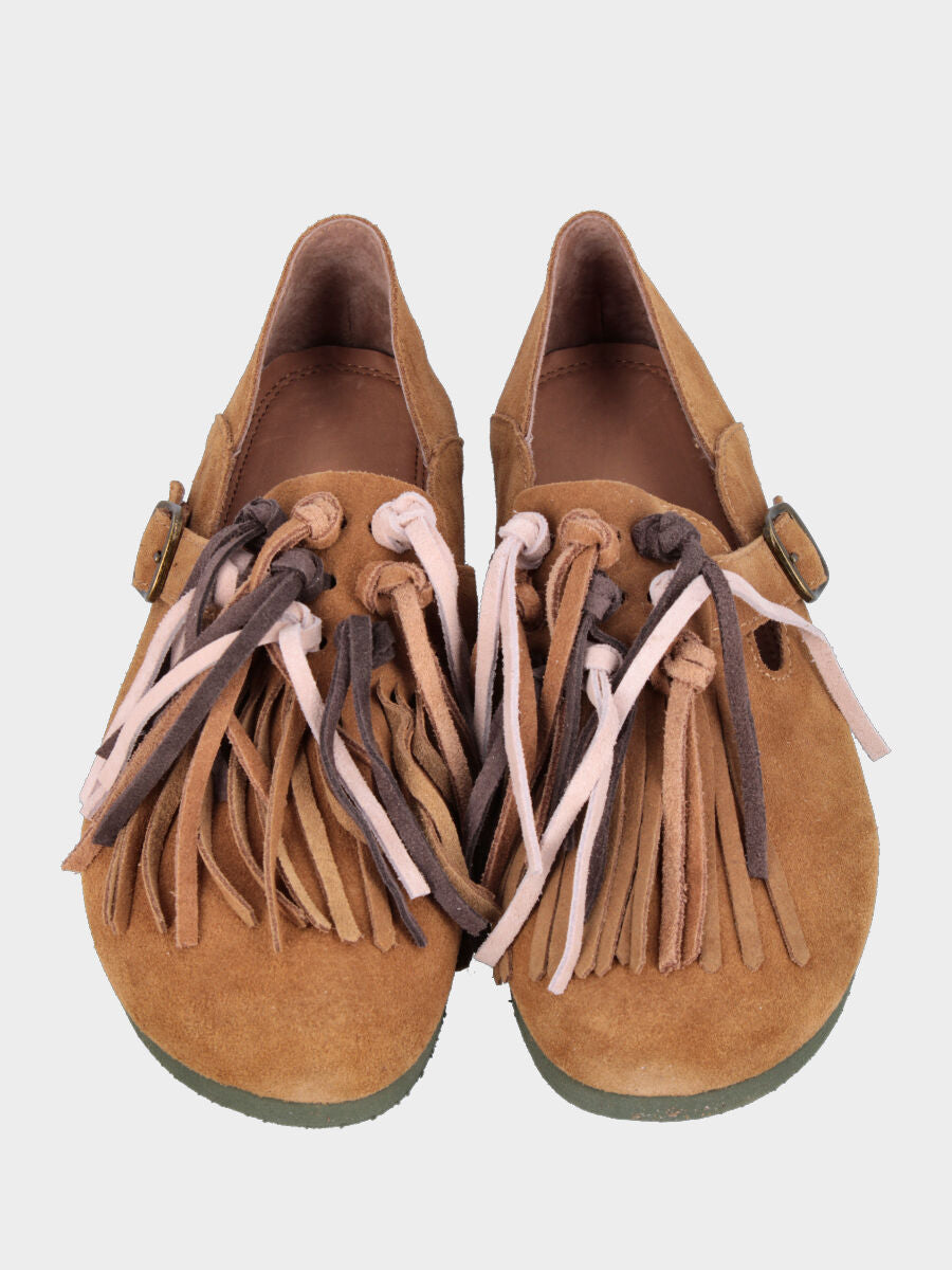 Camel split leather slipper with footbed and multicolor straps