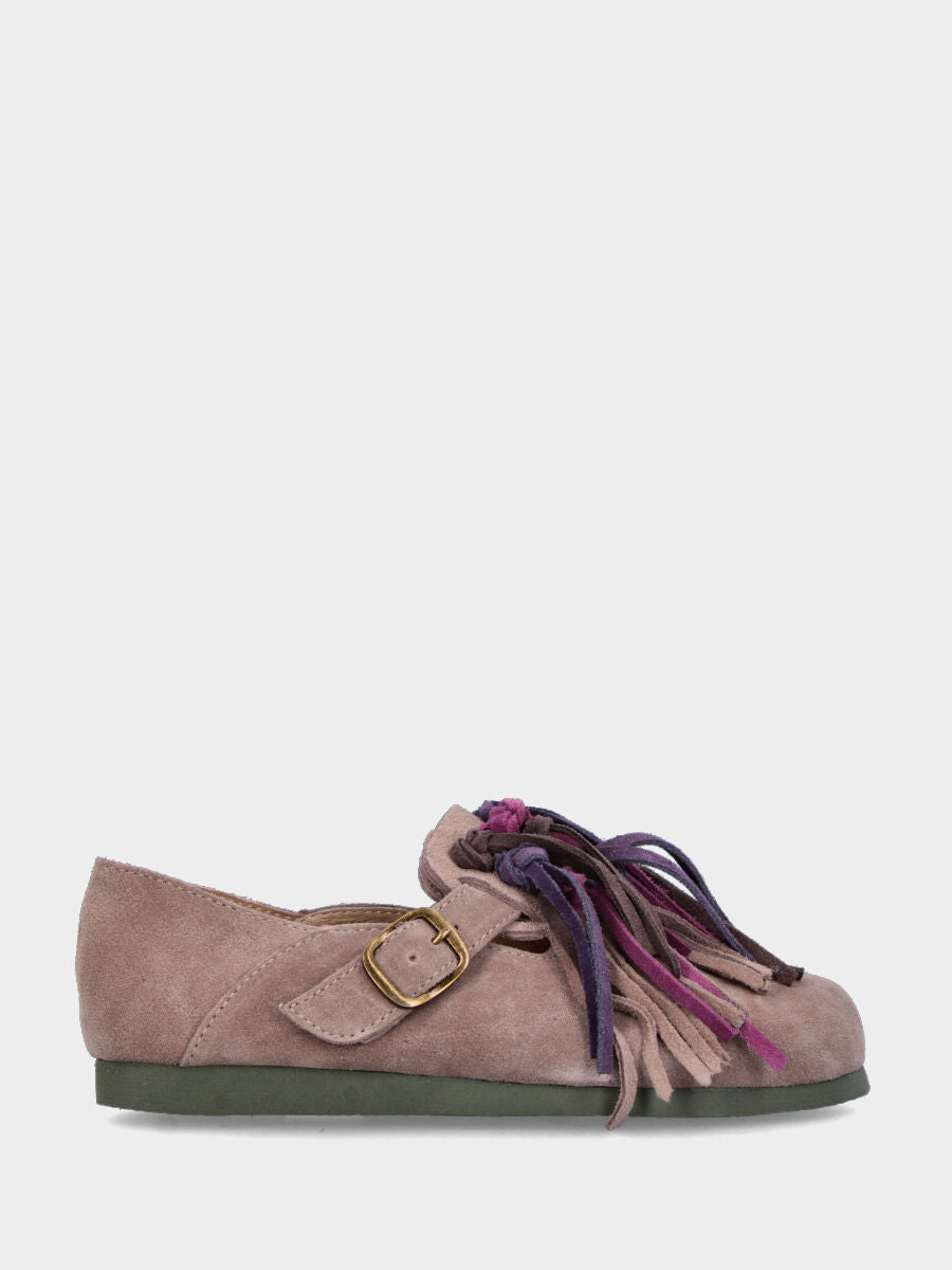 Pantofolina in crosta taupe con fusbet e listini multicolore