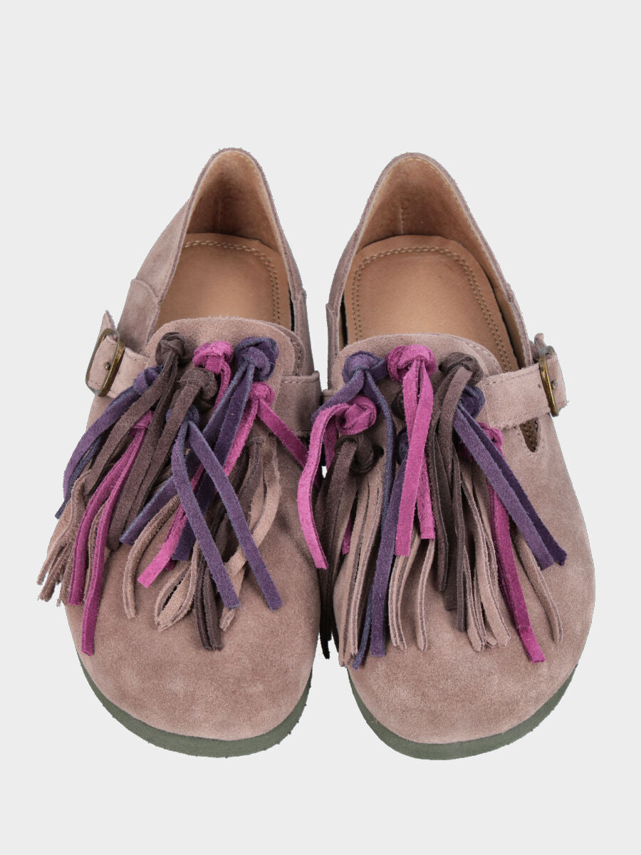 Pantofolina in crosta taupe con fusbet e listini multicolore
